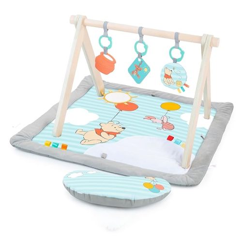 Bright Starts Disney Winnie The Pooh Once Upon a Tummy Time Baby Play Mat with Wooden Toy Bar, Tummy Time Mat and Play Gym, Sensory Toys, Blue, Newborn