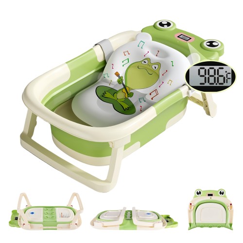 Collapsible Baby Bathtub for Infants to Toddler, Baby Bathtub for Newborn with Thermometer Soft Floating Cushion, No-Slip Hanging Portable Travel Baby Tub, Green