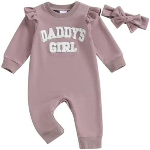 Newborn Baby Girl Romper Daddy's Girl Ruffle Long Sleeve Jumpsuit Headband Infant Fall Winter Clothes
