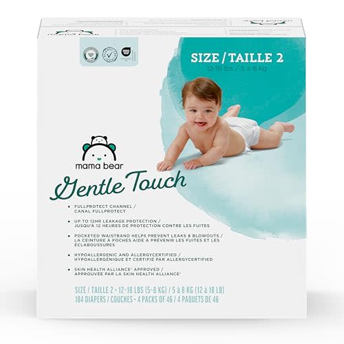 Amazon Brand - Mama Bear Gentle Touch Baby Diapers, Size 2, 184 Count (4 packs of 46), Leak Protection, Wetness Indicator, Formulated Without Fragrance