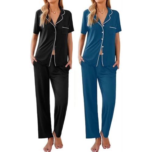 Ekouaer 2 Pack：Womens Pajamas Short Sleeve Pjs Notch Collar Button Up Loungewear Cozy Sleepwear Sets