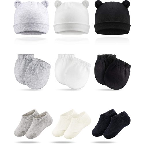 Baby Hats Mittens and Socks Set Newborn Hats Bear Ears Infant Beanies Caps - Multicoloured