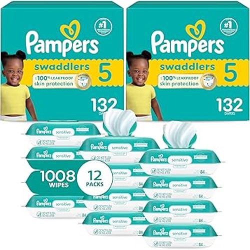 Pampers Swaddlers Disposable Baby Diapers Size 5, 2 Month Supply (2 x 132 Count) with Sensitive Water Based Baby Wipes 12X Multi Pack Pop-Top and Refill (1008 Count)