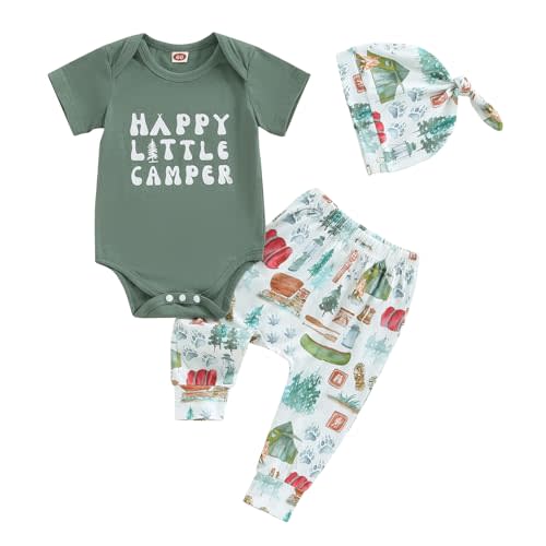 Omkzanbi Newborn Boy Outfit Happy Little Camper Bodysuit Retro Woodland Camping Jogger Pants Hat Cute 3Pcs Coming Home Outfit
