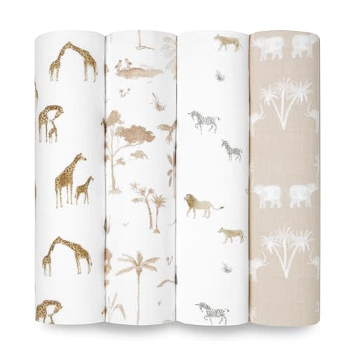 aden + anais Swaddle Blanket, 100% Organic Cotton Blankets for Girls & Boys, Baby Receiving Swaddles, Ideal Newborn & Infant Swaddling Set, 4 Pack, Safari Dreams