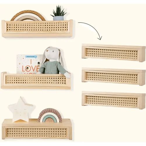 Rattan Shelf 3 Pack, 16 inch Nursery Shelves for Wall, Rattan Decor Boho Shelves, Rattan Bookshelf for Nursery, Floating Book Shelves for Wall, Wicker Shelves, Nursery Book Shelves, Rattan Wall Shelf