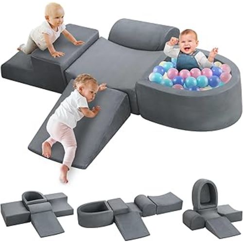Toddler Soft Play Climbing Toys,5 Pcs Foam Climbing Blocks and Ball Pit for Toddlers,Kids Baby Climbing Blocks Foam Indoor Playground Gym Set (Grey)