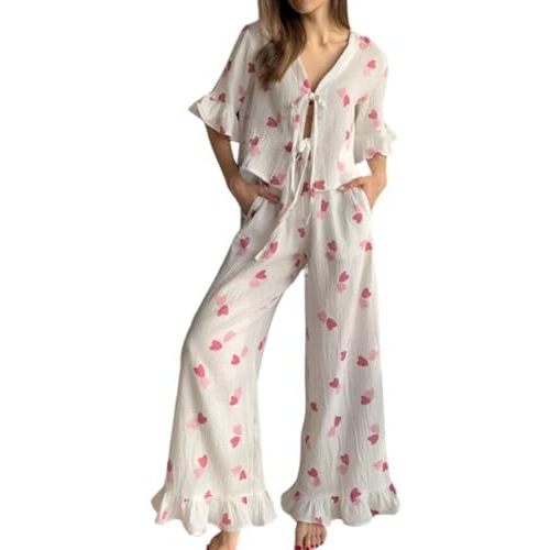 Womens Cotton Pajama Set Ruffle 2 Piece Tie Front Shirt and Long Pants Cute Printed Sleepwear