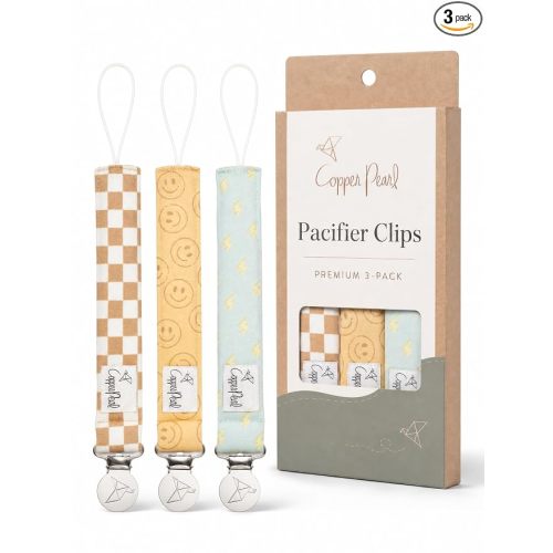 Copper Pearl 3-Pack Pacifier Holders: Premium Knit Binky Clips for Baby Girls and Boys - Stylish Stainless Steel Design for Secure No-Drop Attachment
