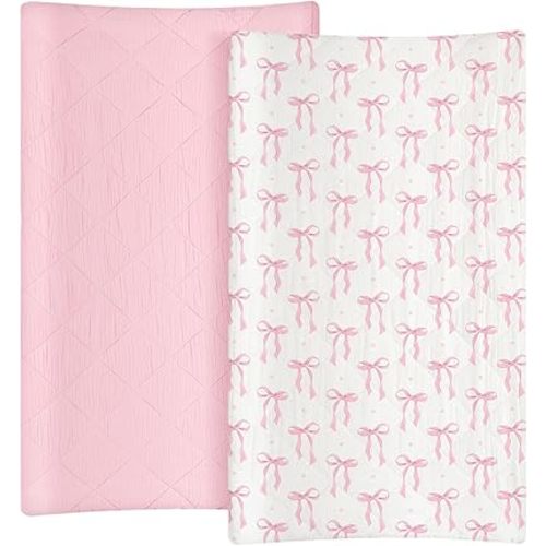 Frienda 2 Pack Pink Changing Pad Covers Waterproof Pink Bow Muslin Changing Pad Covers 32 x 16 Inch Coquette Quilted Cotton Fitted Diaper Sheet Breathable Extra Thick Sheets for Girls