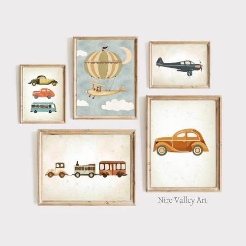 Vintage Travel prints, Vintage Transport Nursery print, Nursery Gallery Wall art decor, set of 5 ,Vintage Car, Hot Air Balloon Sketch