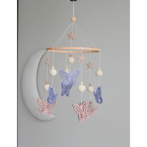 Butterfly baby mobile, Wooden butterlies crib mobile, Felted balls and stars baby nursery mobile, Butterfly nursery mobile, Floral