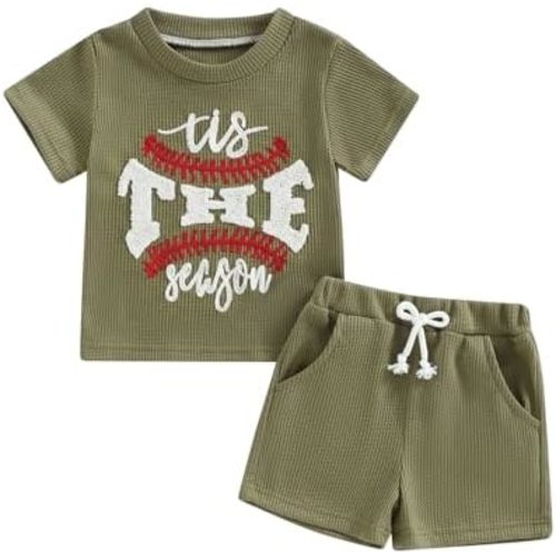 Baby Boy Baseball Outfit Letter Embroidered Short Sleeve T-Shirt Tops Shorts Set Waffle Knit Summer Clothes