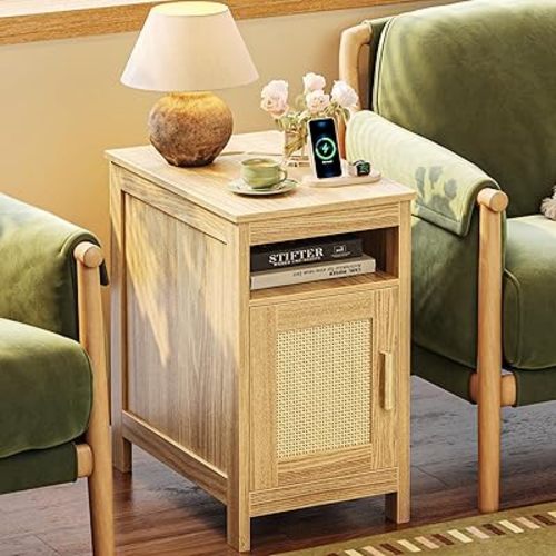 Narrow Rattan Side Table- Natural Wood
