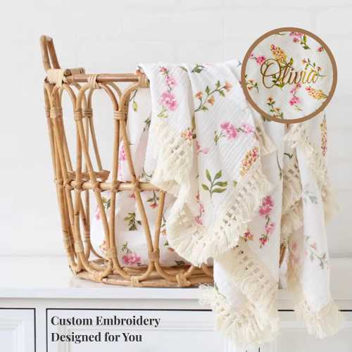 Personalized Cotton Baby Blanket – Custom Embroidered Name Blanket, Hand-Designed Layout, Soft & Cozy Baby Gift, Newborn Keepsake