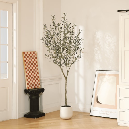 7ft Artificial Olive Tree in Ellipse White Pot, 1 Pack - Realistic Faux Plant for Indoor or Outdoor Decor, Low Maintenance.