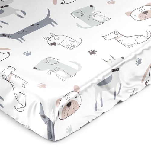 Sweet Jojo Designs Boy, Girl, Unisex/Gender Neutral Satin Fitted Crib Sheet Cartoon Puppy Grey Taupe and Blue