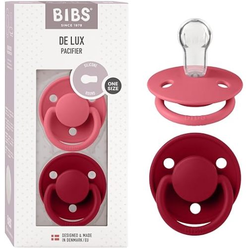 Bibs DE LUX Soother 2 Pack, Cherry Shaped Nipple, BPA Free, Silicone Dummy Pacifier, OneSize, Coral/Ruby