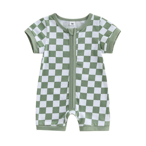 Baby Boys Summer Romper Checkered Print Short Sleeve Round Neck Zipper – August + Willow