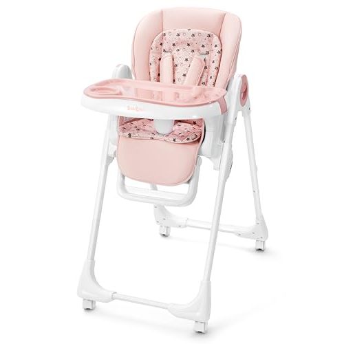 Babilous Foldable High Chair with Soft Cushion, High Chairs for Babies and Toddlers, Height Adjustable Feeding Chair, Adjustable Backrest and Footrest, Lockable Wheels, Star Pink