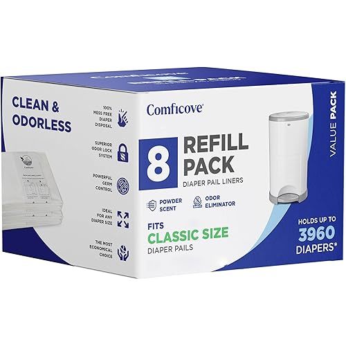 Comficove Refills Compatible with DEKOR CLASSIC Diaper Pails | 8 Pack | Extra Thick Diaper Pail Refill Liners | Fresh Scent | Easy to Replace and Dispose of Diaper Bag | Odorless Baby Diapers Disposal