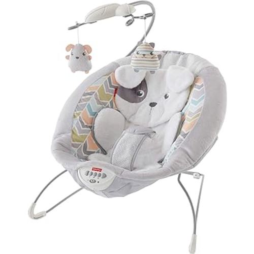 Fisher-Price Sweet Snugapuppy Deluxe Bouncer, portable bouncing baby seat with overhead mobile, music, and calming vibrations