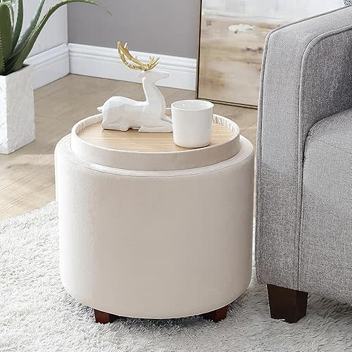 Ornavo Home Lawrence Round Storage Ottoman with Lift Off Lid and Tray Lid Coffee Table, Ottoman with Storage for Living Room, Bedroom and Office, Velvet Cream