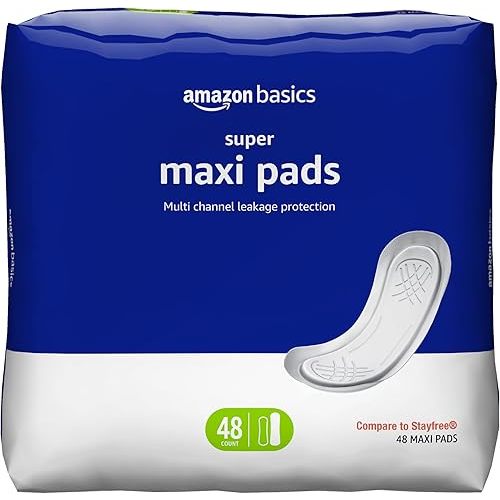 Amazon Basics Thick Maxi Pads for Periods, Super Absorbency, Unscented, 48 Count, 1 Pack (Previously Solimo)