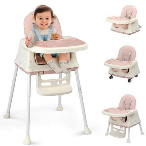 Ktaxon 6-in-1 Baby High Chair, Portable Convertible Highchair with Removable Dual-Layer Tray, 5-Point Safety Harness and Locking Wheels for Toddlers & Babies, Pink