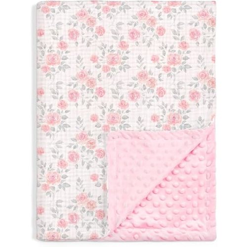 SANDJEST Pink Rose Minky Muslin & Dotted Blanket 30x40 in Gift for Holiday, Gender Reveal Party, Hospital Visit, Baptism