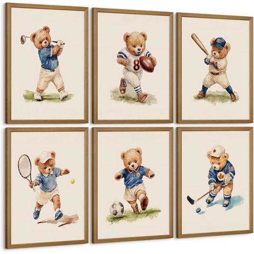Nursery Bear Sports Wall Art Vintage Boy Room Canvas Wall Decor Baby Teddy Bear Pictures Boy Nursery Art Prints Kids Animal Poster Artwork for Toddler Bedroom Playroom 8x10 Inch Wood Framed 6Pcs
