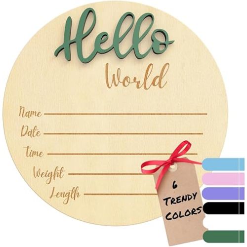 Baby Announcement Sign – 6” Wooden Hello World Newborn Name Sign, Hospital Birth Stat Plaque, Gender-Neutral Welcome Baby Keepsake, Personalized Photo Prop for Boys & Girls, Newborn Gift (Green)
