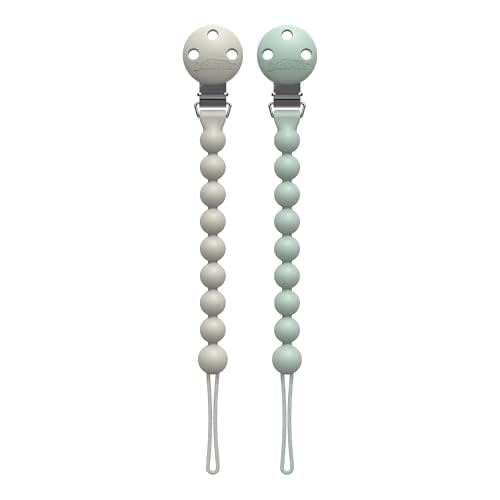 Dr. Brown's Silicone Pacifier Clips, Universal Fit Strap for Pacifiers, Green/Gray, BPA Free, 0-18 Months, 2-Pack