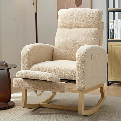 Modern Nursery Rocking Chair, Teddy Upholstered Rocking Chair with Footrest, Comfortable Rocker Glider with Side Pocket, Glider Rocker for Living Room, Bedroom, Nursing Room (Cream)