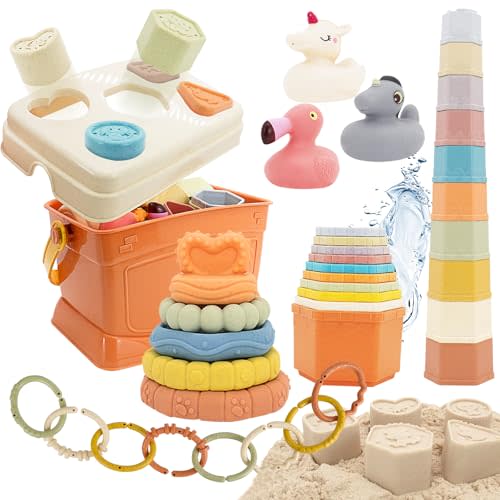 BYFWH Shape Sorters Baby Toys 5 in 1 Montessori Toy for 6-48 Months Stacking Cups,Rings Toy Links,Soft Stacking Rings,Blocks Set,Soft Animals Toys Shape Sorters for Toddlers 1-3