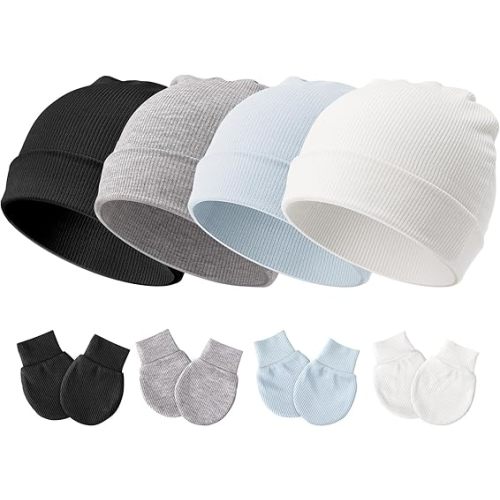 DRESHOW BQUBO Baby Newborn Hats with Scratch Mittens for Unisex Preemie Newborn Hats Hospital Hat for Boys Girls 0-6 Months