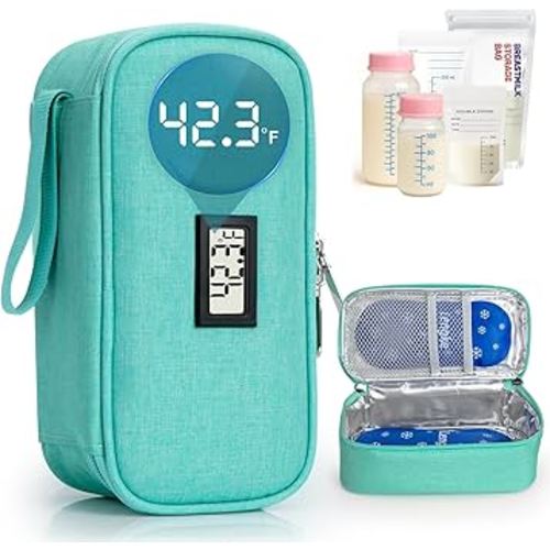 Breast Milk Cooler Travel Bag with Real-Time Temp Display - Holds 20oz Breastmilk Storage Bag & Cooling, Portable Breast Milk Cooler Bags with 2 Ice Packs for Breastmilk Storage (Light Green)