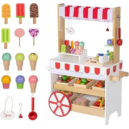 2 in 1 Ice Cream Cart for Kids, Wooden Grocery Store Playset w/ 15 PCS Play Accessories & Display Shelves, Toddler Pretend Play Toy Food Truck Stand with Wheels &Canopy Gift for Girls Boys