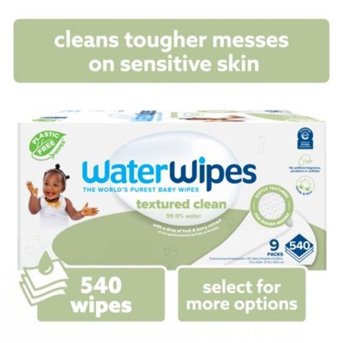 WaterWipes Textured Clean 99.9% Water Based Toddler & Baby Wipes, 9 Resealable Packs (540 Wipes)