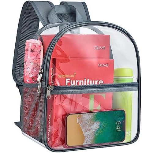 Paxiland Clear Backpack Stadium Approved 12×12×6 with Reinforced and Wider Shoulder Straps, Small Clear Bag for Schools, Concerts, Work, Festivals and Sporting Events - Grey