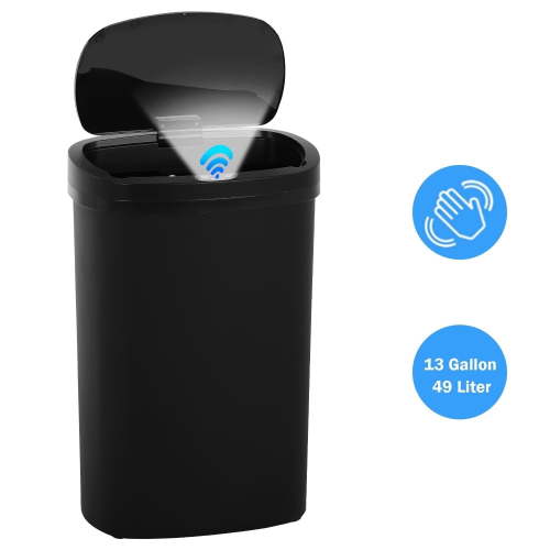 Automatic Trash Can for Kitchen, 13 Gallon Trash Can with Lid Plastic Garbage Can Waste Bin with Motion Sensor for Bedroom, Bathroom, Office, Living Room (Black)