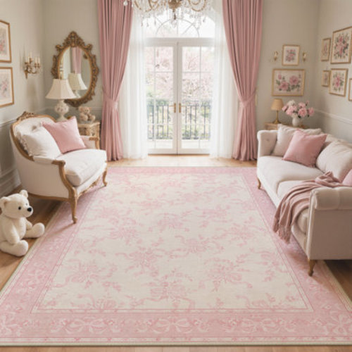 Astoria Grand Atascadero Floral Pink Ribbon Bow Machine Washable Pink / Beige Indoor Area Rug with Non-Slip Backing & Reviews | Wayfair