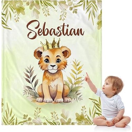 J&SBGFT Custom Baby Boy Lion Blanket with Name,Receiving Blanket for Toddlers Kids Nursery Stroller Crib Cuddles