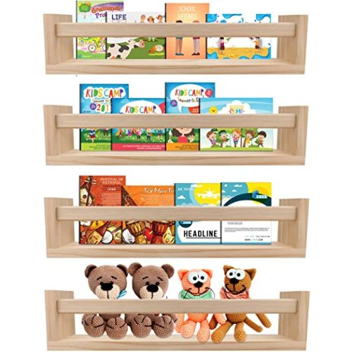 Nursery Book Shelves Set of 4,Wood Floating Nursery Shelves for Wall,Wall Bookshelves for Kids,Bathroom Decor, Kitchen Spice Rack (Set of 4)