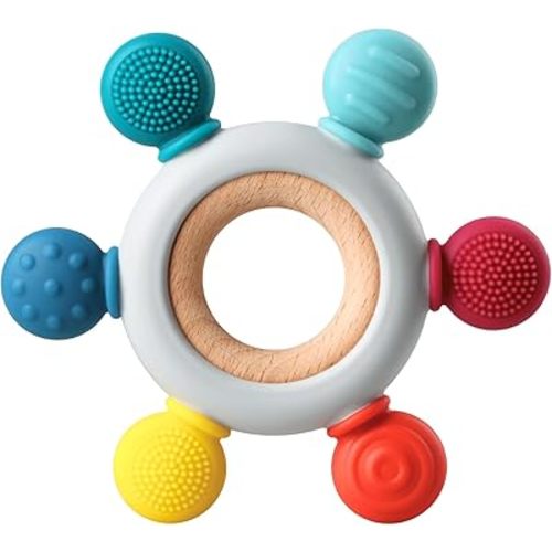 Baby Teething Toys, Silicone Chewable Teethers with Wooden Ring for Soothing Babies Gums, Rudder Chewers Shower Gift for lnfants & Toddlers, 3+ Months (6 Directions, Ocean)