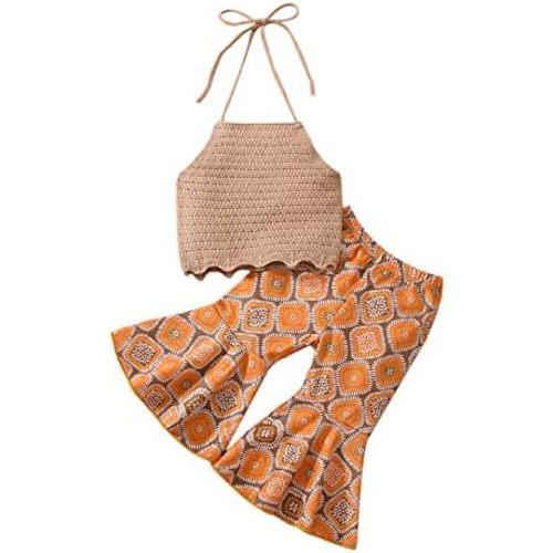 Kupretty Baby Girl Summer Clothes Toddler Bell Bottoms Outfits Flower Halter Crop Top Floral Flare Pants Clothing Set