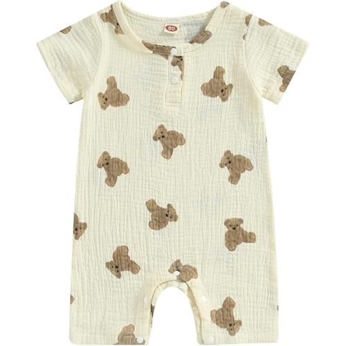BULINGNA Newborn Infant Baby Boy Girl Summer Short Jumpsuit Short Sleeve Bear Print One Piece Romper Bodysuit Outfit