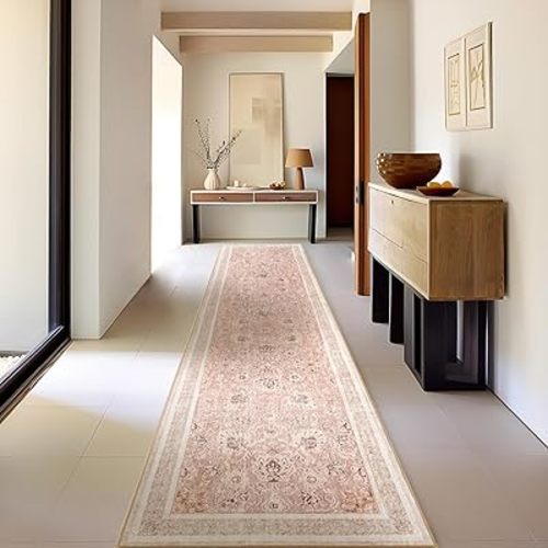 Phantoscope Hallway Runner - Boho Washable Non-Slip Kitchen Rug, 2'x8', Ultra-Thin Vintage Distressed Accent Throw for Entryway, Laundry, Bathroom, Bedroom, Soft Pink/Beige