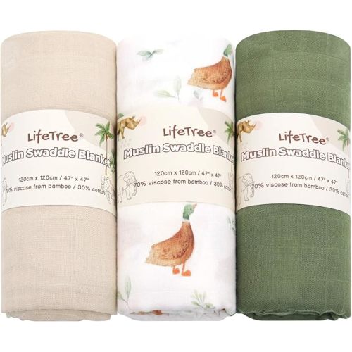 LifeTree 3 Packs Baby Swaddle Blankets, Newborn Muslin Swaddling Wrap Receiving Blanket for Boys & Girls, 70% Viscose from Bamboo and 30% Cotton, Large 47" x 47", Green Duck