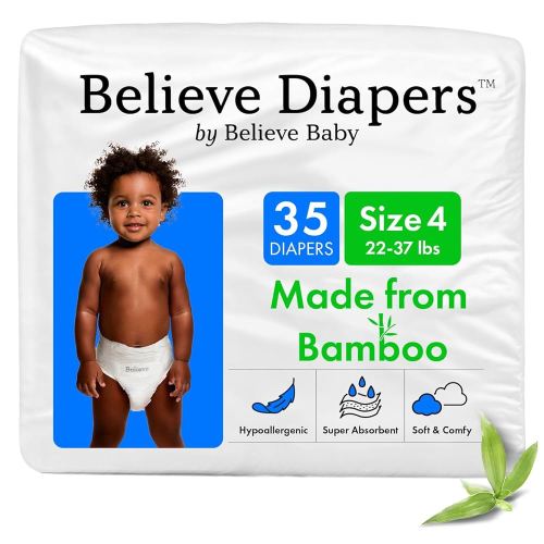 Believe Diapers Size 4 (22-37 Lbs) Viscose Bamboo Diapers 35 Count – Natural Baby Diaper, Chemical Free and Fragrance Free Natural Diaper for Sensitive Skin, Super Absorbent with Leak Protection